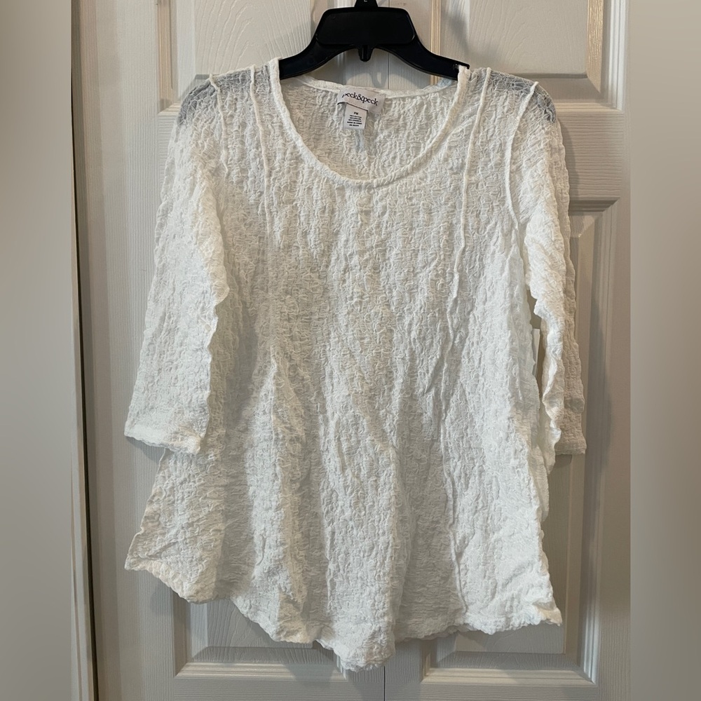 NWT Peck & Peck White Crinkle Shirt, Lighweight, 3/4 sleeve, Women's Size PM